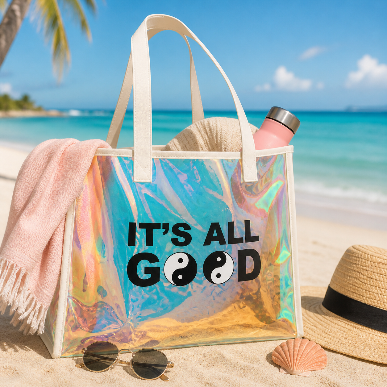 Holographic Beach Tote Bag — "It's All Good" Yin Yang Clear Carryall